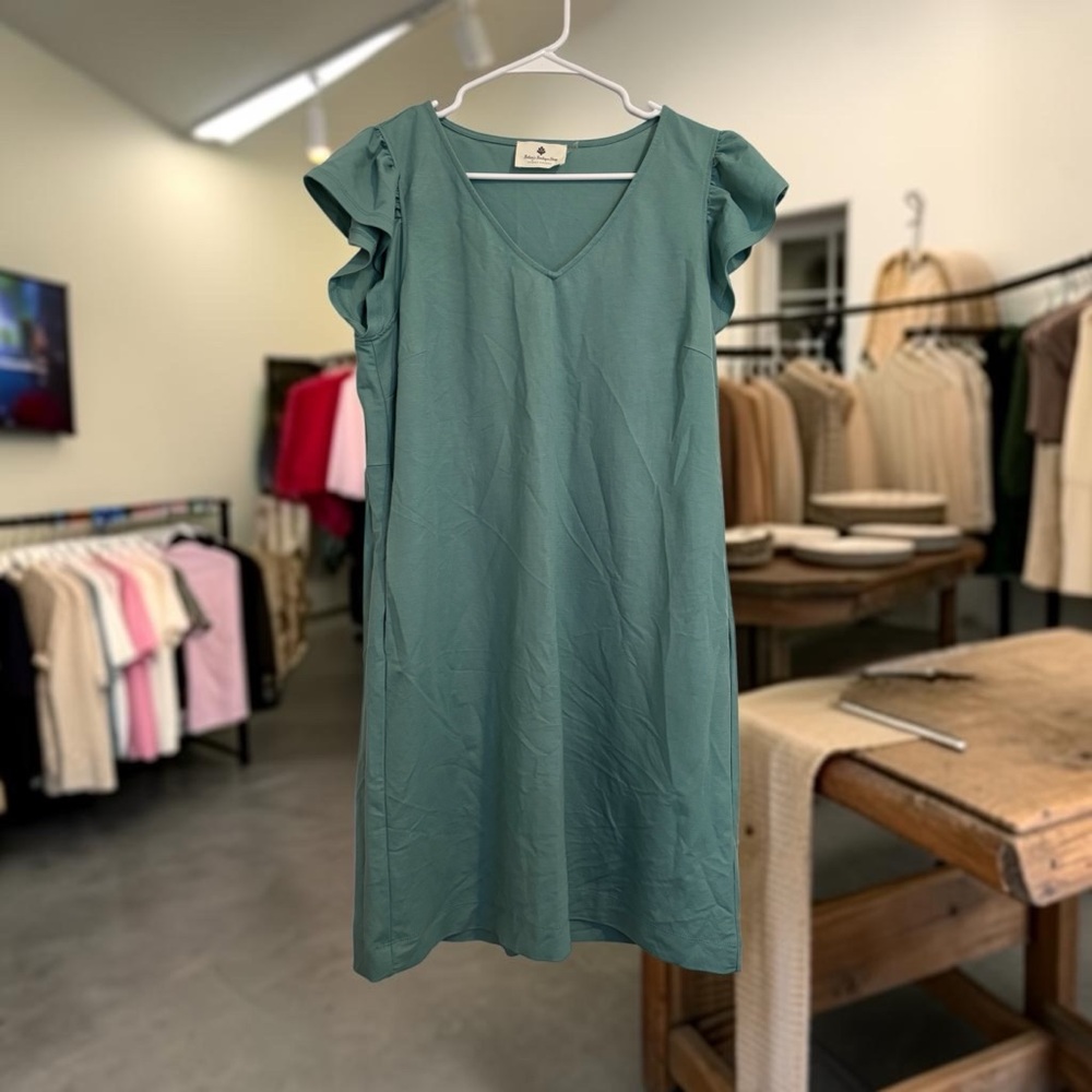 Casual Teal V-Neck Dress | Comfy Ruffle Sleeve Everyday Outfit